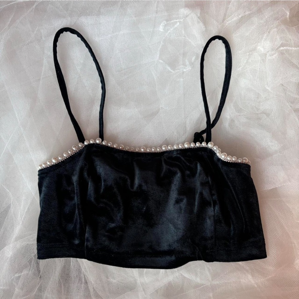 Black Velvet Crop Top with Pearl Detailing